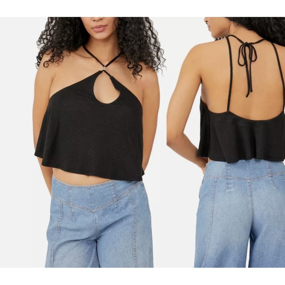 Free People Halter Top Womens S Long Weekend Keyhole Tie Back Flounce Hem Blouse
